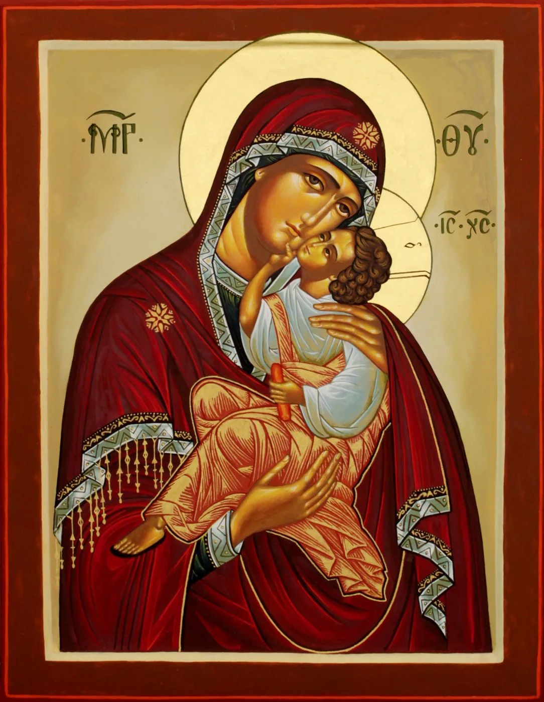 Icona della Madonna della Tenerezza con manto rosso